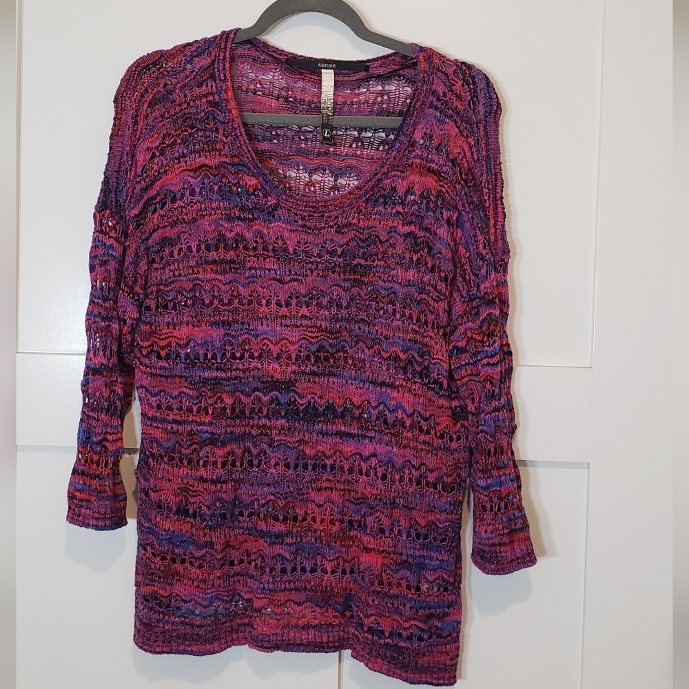 Kensie Open Knit Sweater Pink Purple Blue Size Large